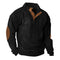 Ribbed Knit Stand Collar Sweater with Button Placket and Elbow Patches for Men - Black