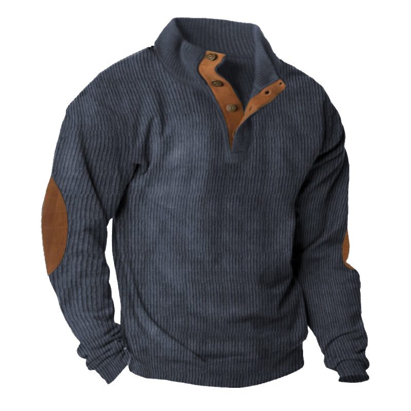 Ribbed Knit Stand Collar Sweater with Button Placket and Elbow Patches for Men - Navy Blue
