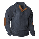 Ribbed Knit Stand Collar Sweater with Button Placket and Elbow Patches for Men - Navy Blue