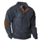 Ribbed Knit Stand Collar Sweater with Button Placket and Elbow Patches for Men - Navy Blue