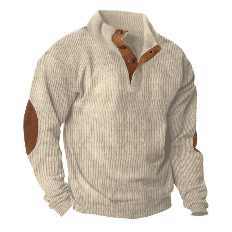 Ribbed Knit Stand Collar Sweater with Button Placket and Elbow Patches for Men - Beige