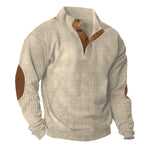 Ribbed Knit Stand Collar Sweater with Button Placket and Elbow Patches for Men - Beige
