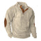 Ribbed Knit Stand Collar Sweater with Button Placket and Elbow Patches for Men - Beige