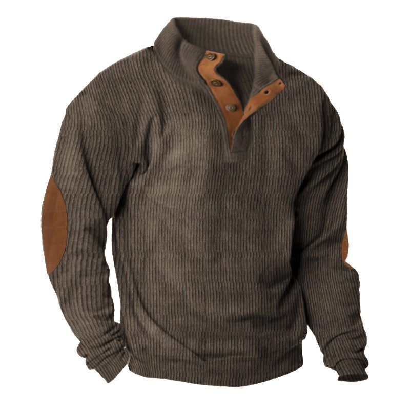 Ribbed Knit Stand Collar Sweater with Button Placket and Elbow Patches for Men - Brown