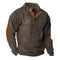 Ribbed Knit Stand Collar Sweater with Button Placket and Elbow Patches for Men - Brown