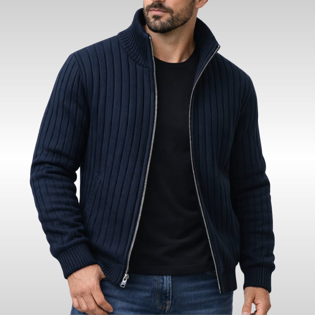 Ribbed Knit Stand Collar Zip Cardigan for Men - Navy Blue