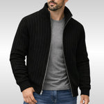 Ribbed Knit Stand Collar Zip-Up Cardigan Sweater for Men - Black