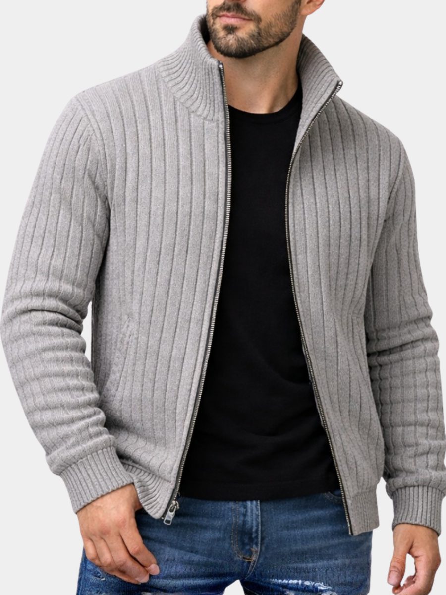 Ribbed Knit Stand Collar Zip-Up Cardigan Sweater for Men - View 4