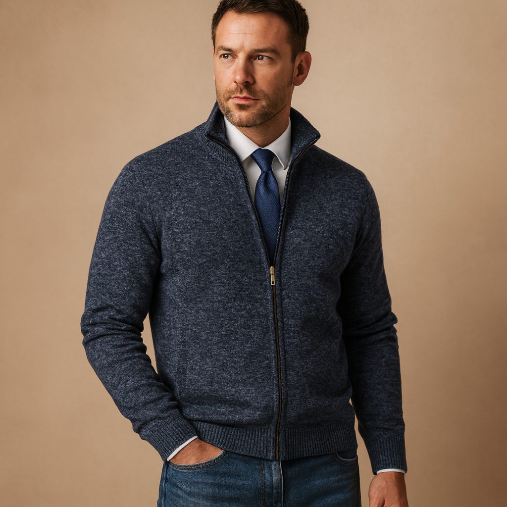 Ribbed Knit Zip-Up Cardigan for Men - Navy Blue