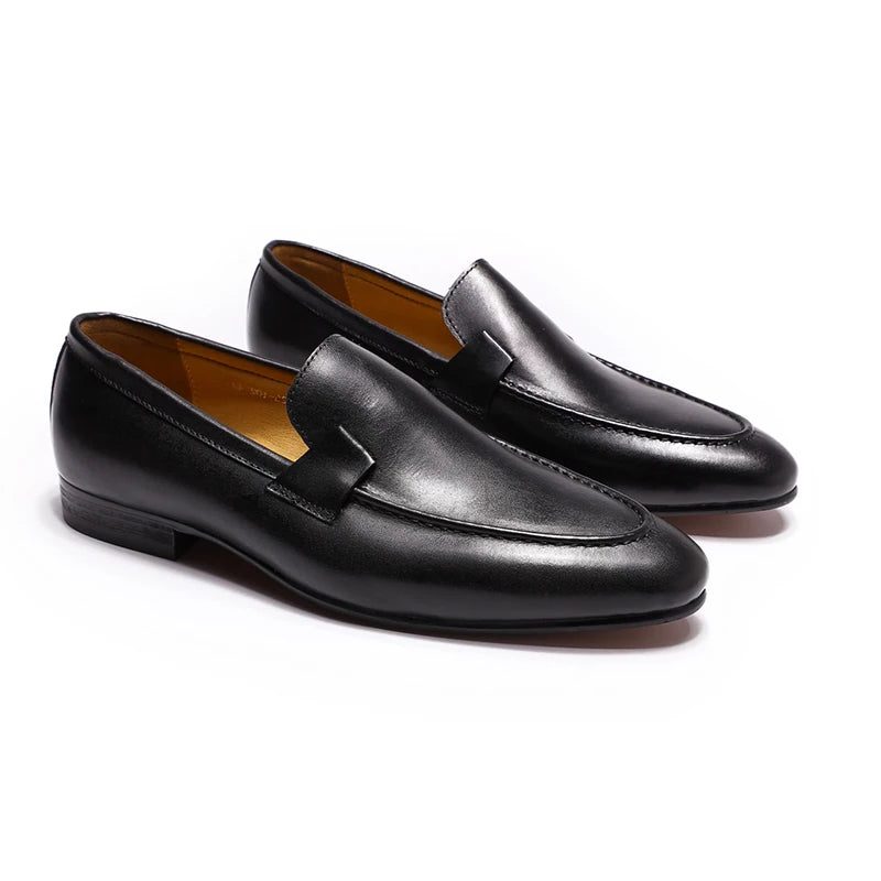 Round Toe Slip-On Formal Leather Loafer Shoes for Men - Black