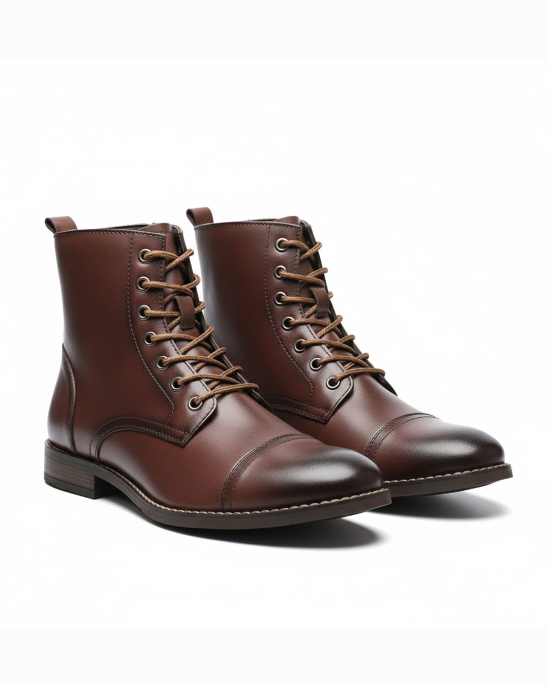 Rounded Cap Toe Leather Ankle Boots with Lace-Up Front for Men - View 12