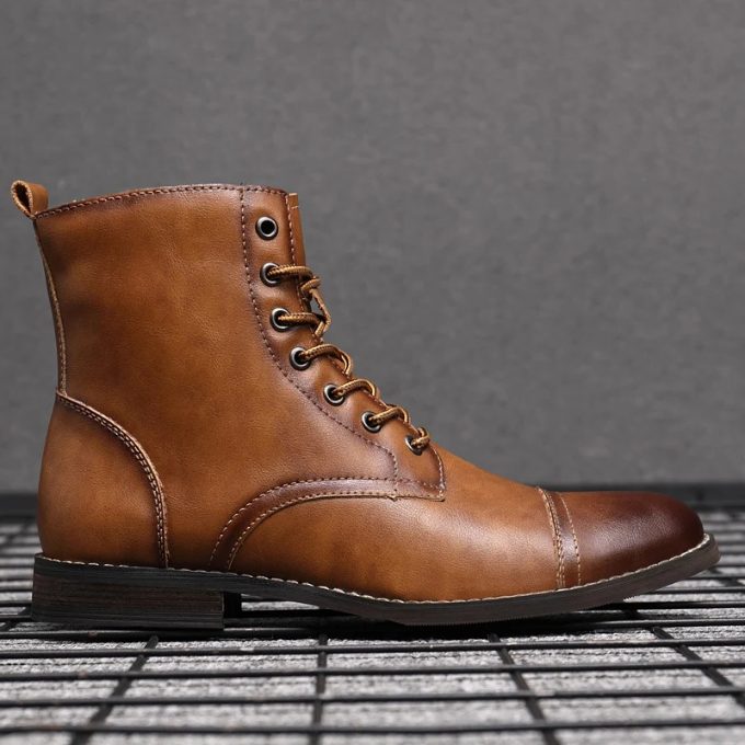 Rounded Cap Toe Leather Ankle Boots with Lace-Up Front for Men - Brown
