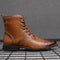 Rounded Cap Toe Leather Ankle Boots with Lace-Up Front for Men - Brown