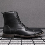 Rounded Cap Toe Leather Ankle Boots with Lace-Up Front for Men - Black