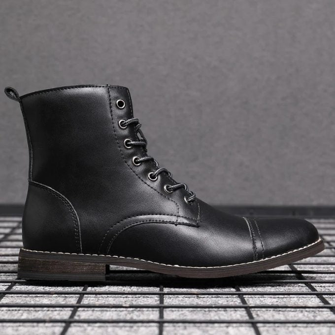 Rounded Cap Toe Leather Ankle Boots with Lace-Up Front for Men - Black