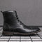 Rounded Cap Toe Leather Ankle Boots with Lace-Up Front for Men - Black