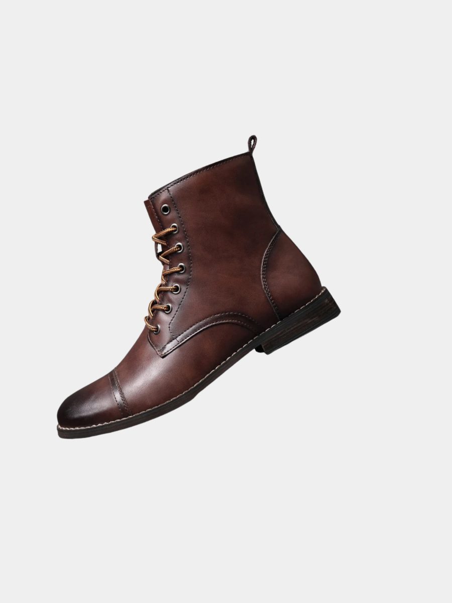Rounded Cap Toe Leather Ankle Boots with Lace-Up Front for Men - View 4