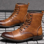 Rounded Cap Toe Leather Ankle Boots with Lace-Up Front for Men - View 5