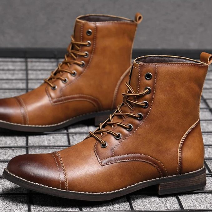 Rounded Cap Toe Leather Ankle Boots with Lace-Up Front for Men - View 5