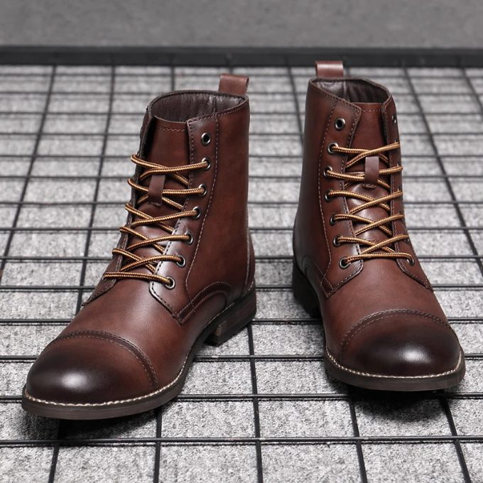Rounded Cap Toe Leather Ankle Boots with Lace-Up Front for Men - View 6
