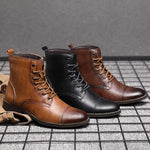Rounded Cap Toe Leather Ankle Boots with Lace-Up Front for Men - View 7