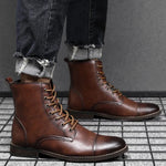 Rounded Cap Toe Leather Ankle Boots with Lace-Up Front for Men - View 9