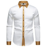 Satin Long Sleeve Button-Down Shirt with Contrast Collar for Men - White
