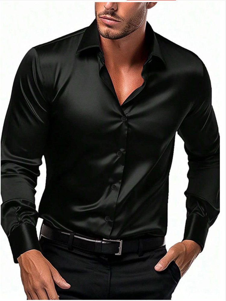Satin Slim Fit Button-Down Shirt for Men - Black