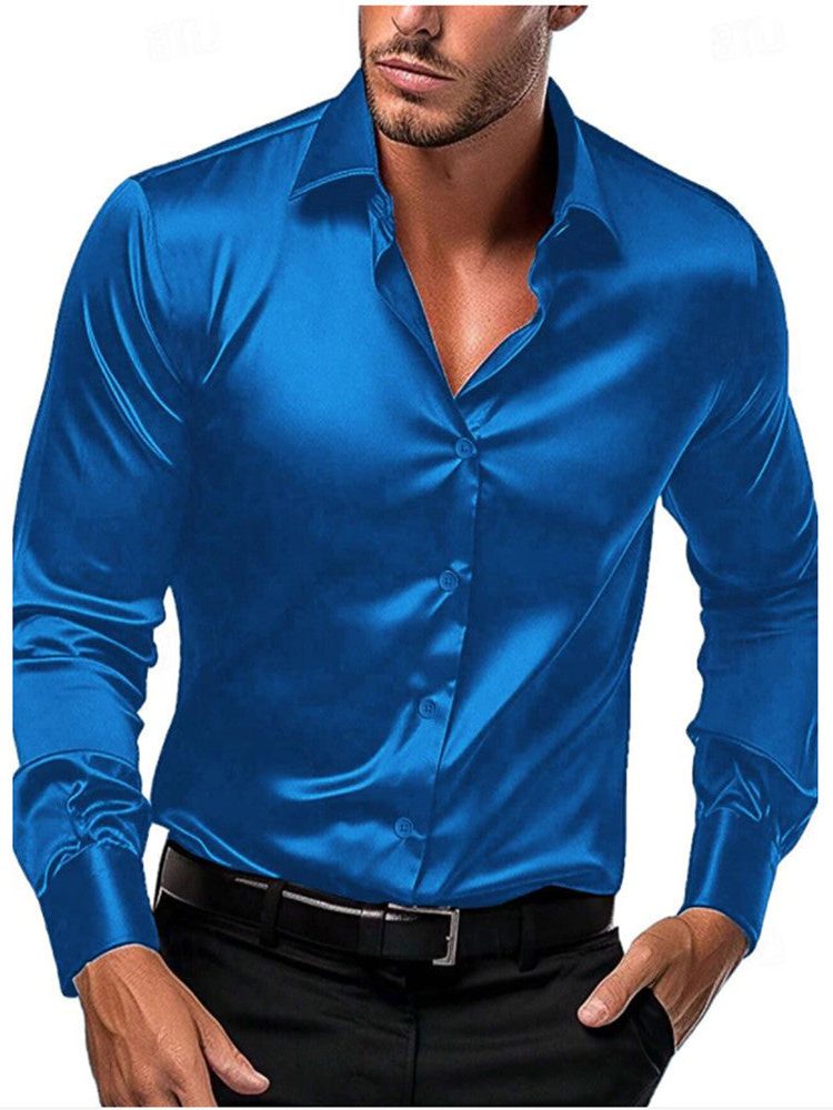 Satin Slim Fit Button-Down Shirt for Men - Blue