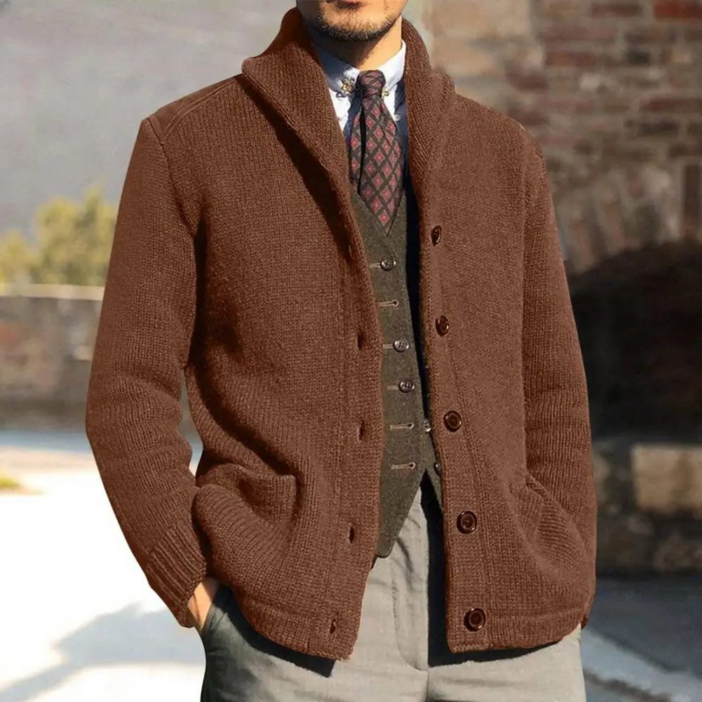 Shawl Collar Button-Up Knit Cardigan with Pockets for Men - Dark brown