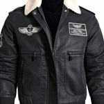 Sherpa Collar Faux Leather Bomber Jacket for Men - Black