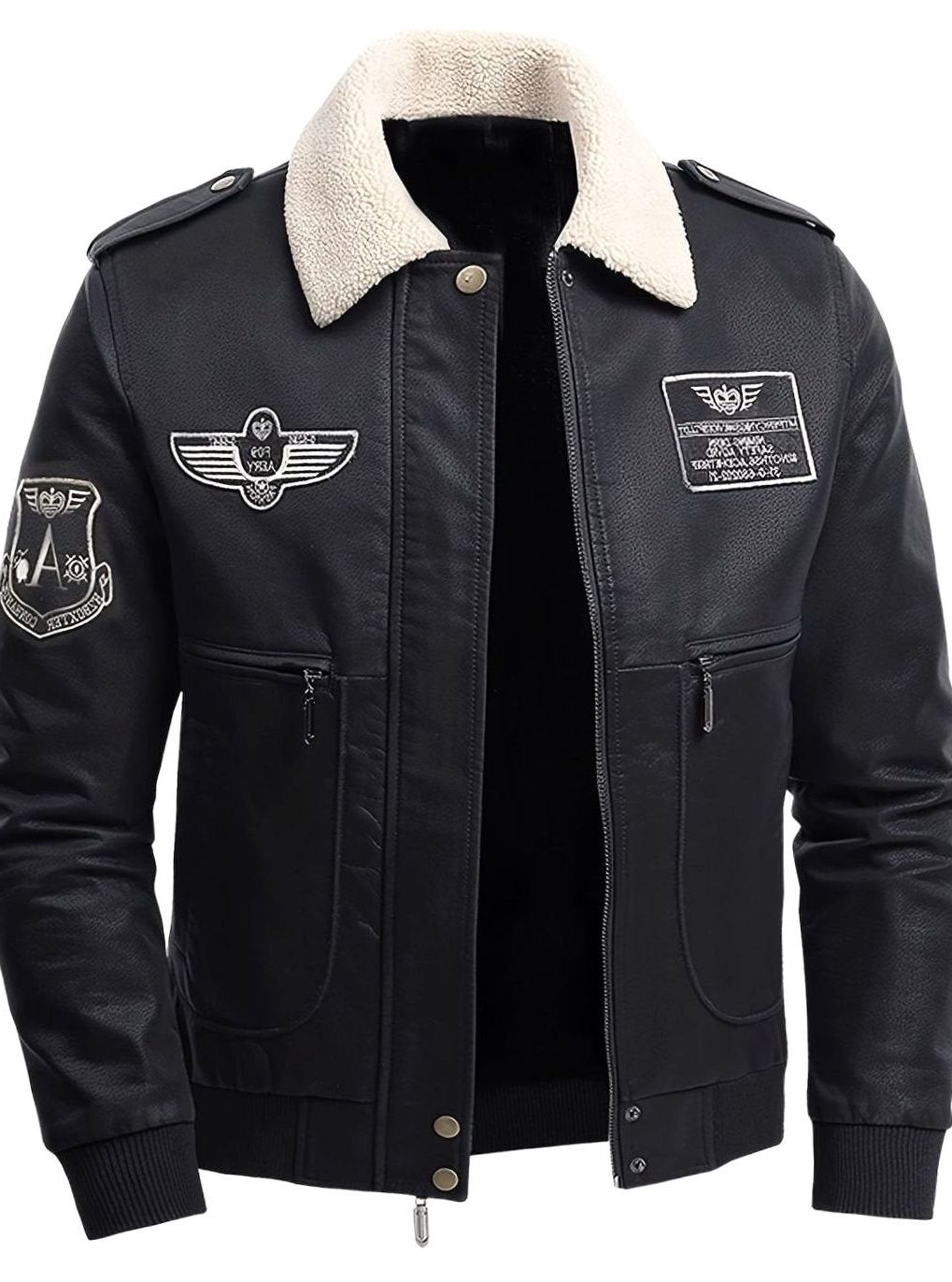Sherpa Collar Faux Leather Bomber Jacket for Men - View 3