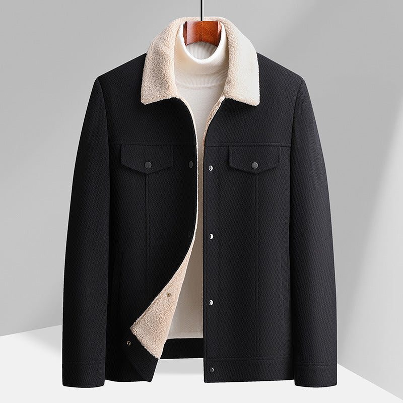 Sherpa Lined Button-Up Winter Jacket with Flap Pockets for Men - Black