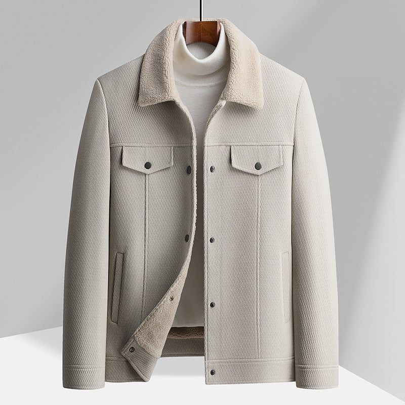 Sherpa Lined Button-Up Winter Jacket with Flap Pockets for Men - White