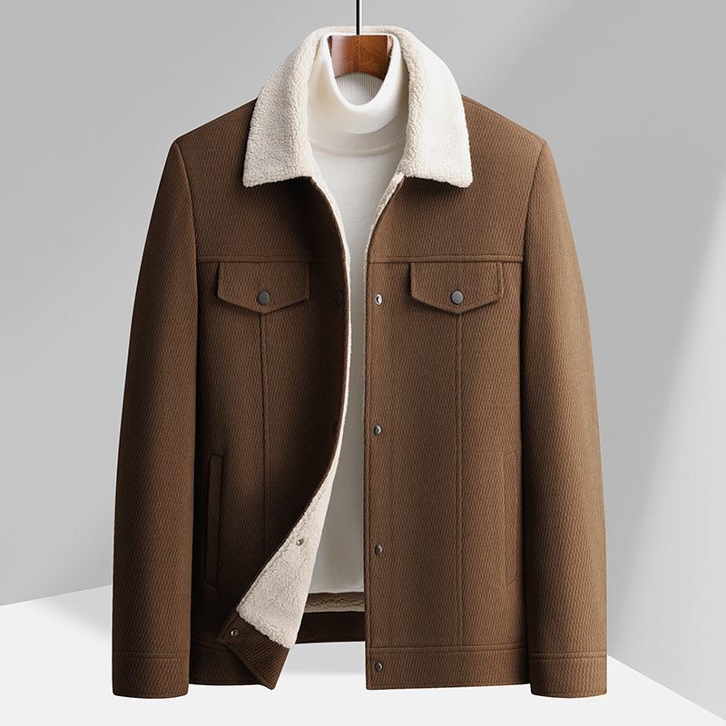 Sherpa Lined Button-Up Winter Jacket with Flap Pockets for Men - Brown