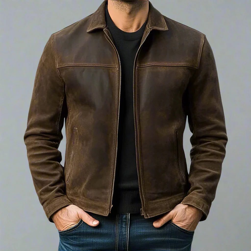 Shirt Collar Zip-Up Leather Jacket for Men