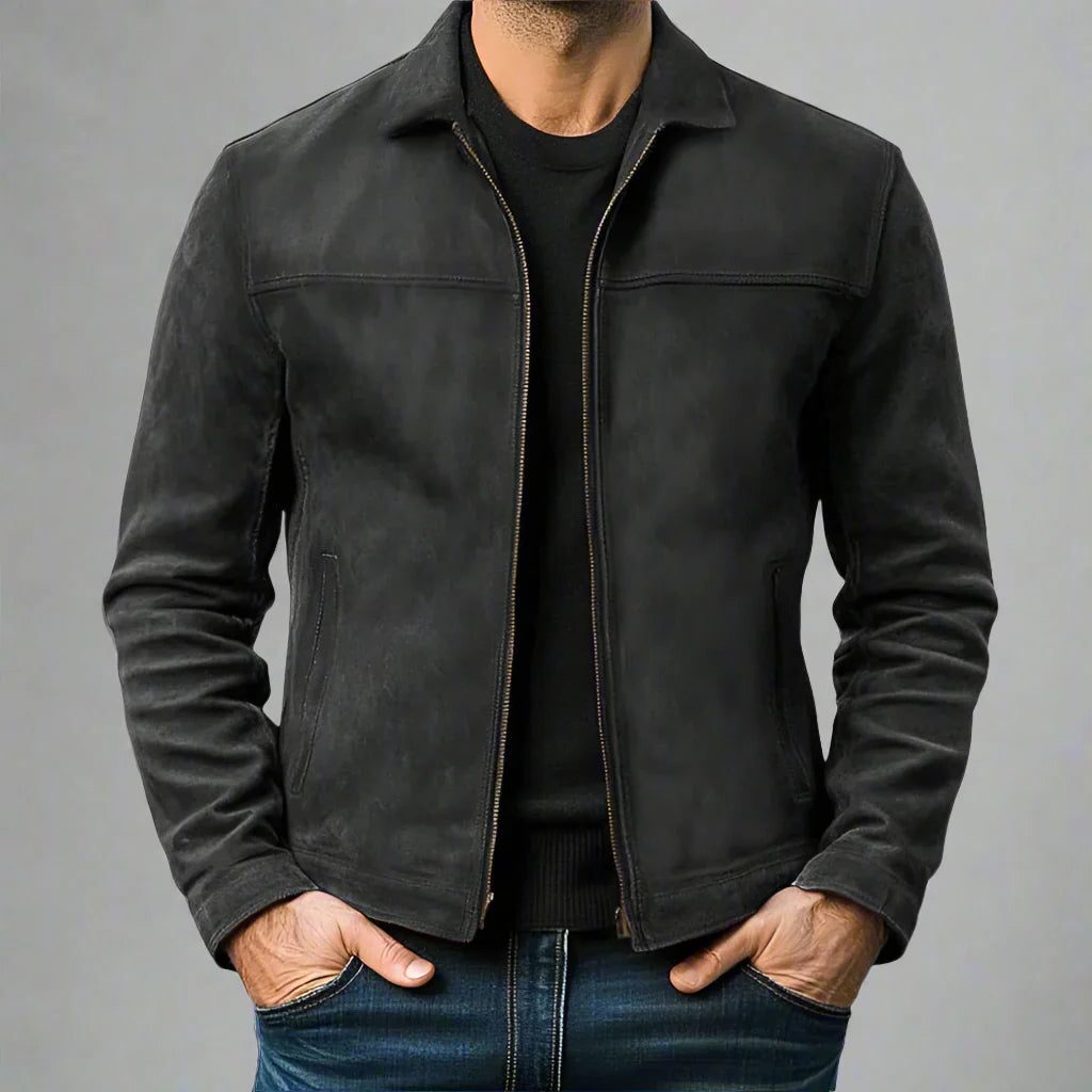 Shirt Collar Zip-Up Leather Jacket for Men - Black