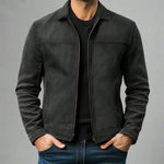 Shirt Collar Zip-Up Leather Jacket for Men - Black