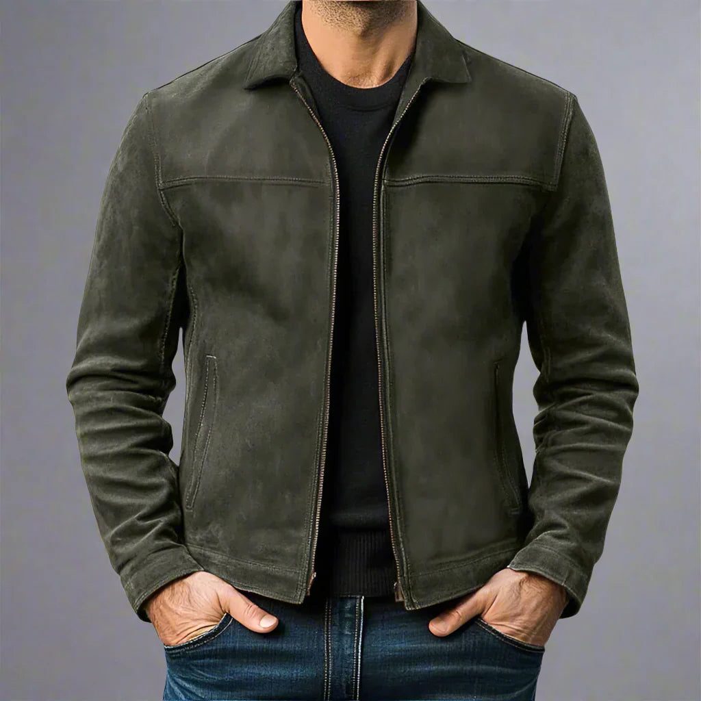Shirt Collar Zip-Up Leather Jacket for Men - Light Green