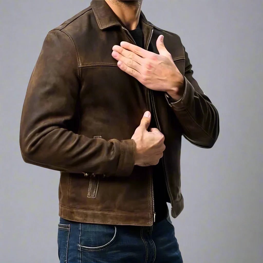 Shirt Collar Zip-Up Leather Jacket for Men - View 4