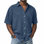 Short Sleeve Button-Down Denim Shirt for Men - Dark Blue