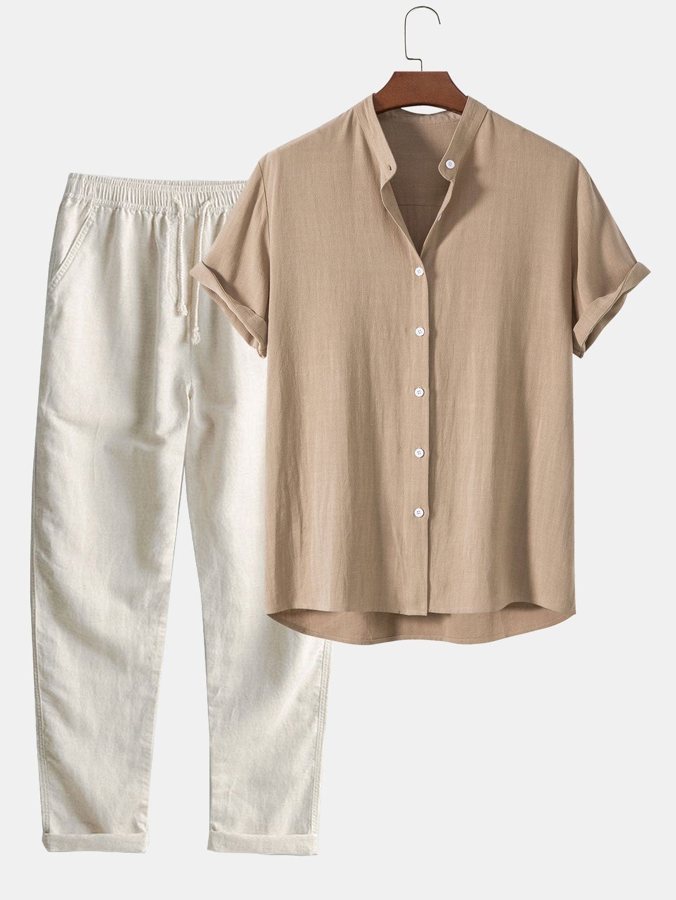 Short Sleeve Button-Down Shirt for Men - Beige