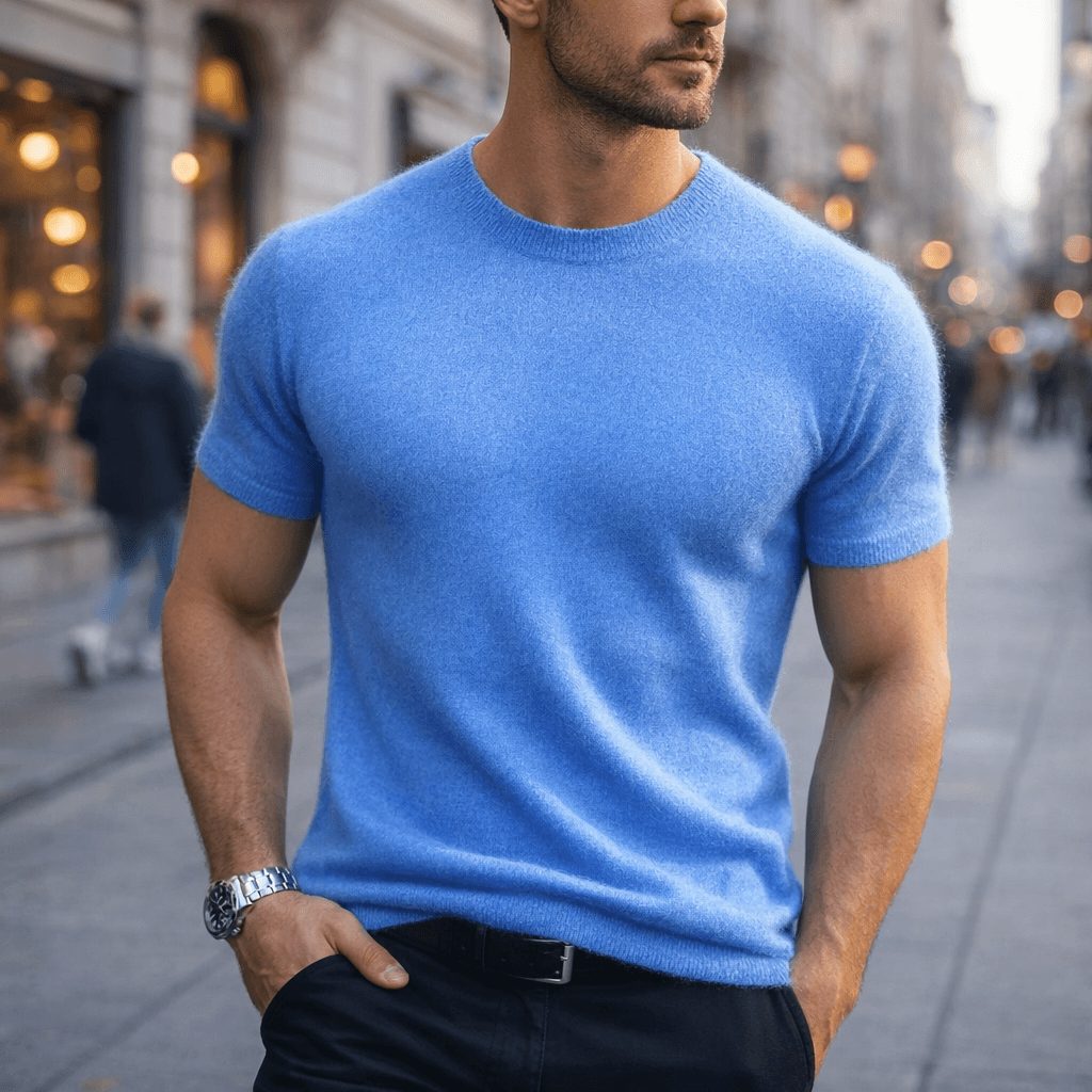 Short Sleeve Crew Neck Knit Cashmere Sweater for Men - Blue