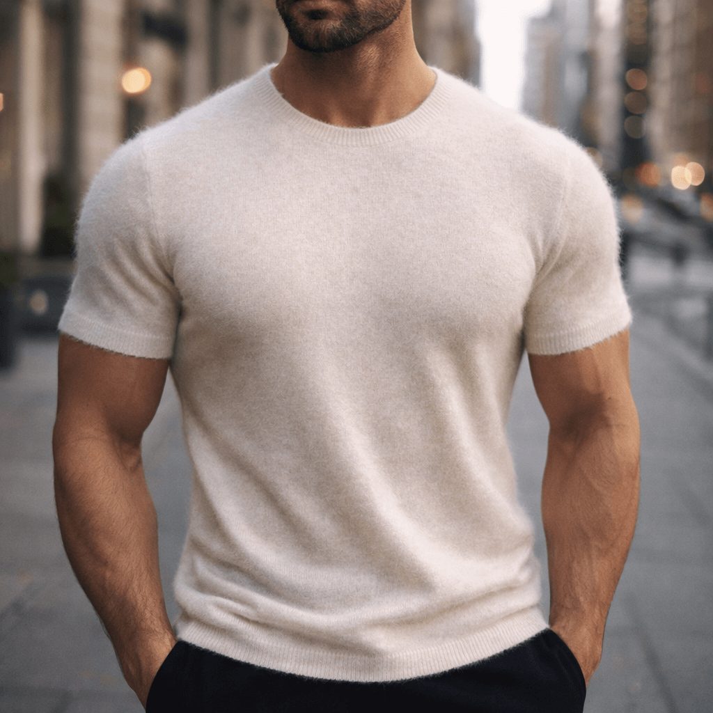 Short Sleeve Crew Neck Knit Cashmere Sweater for Men - Beige