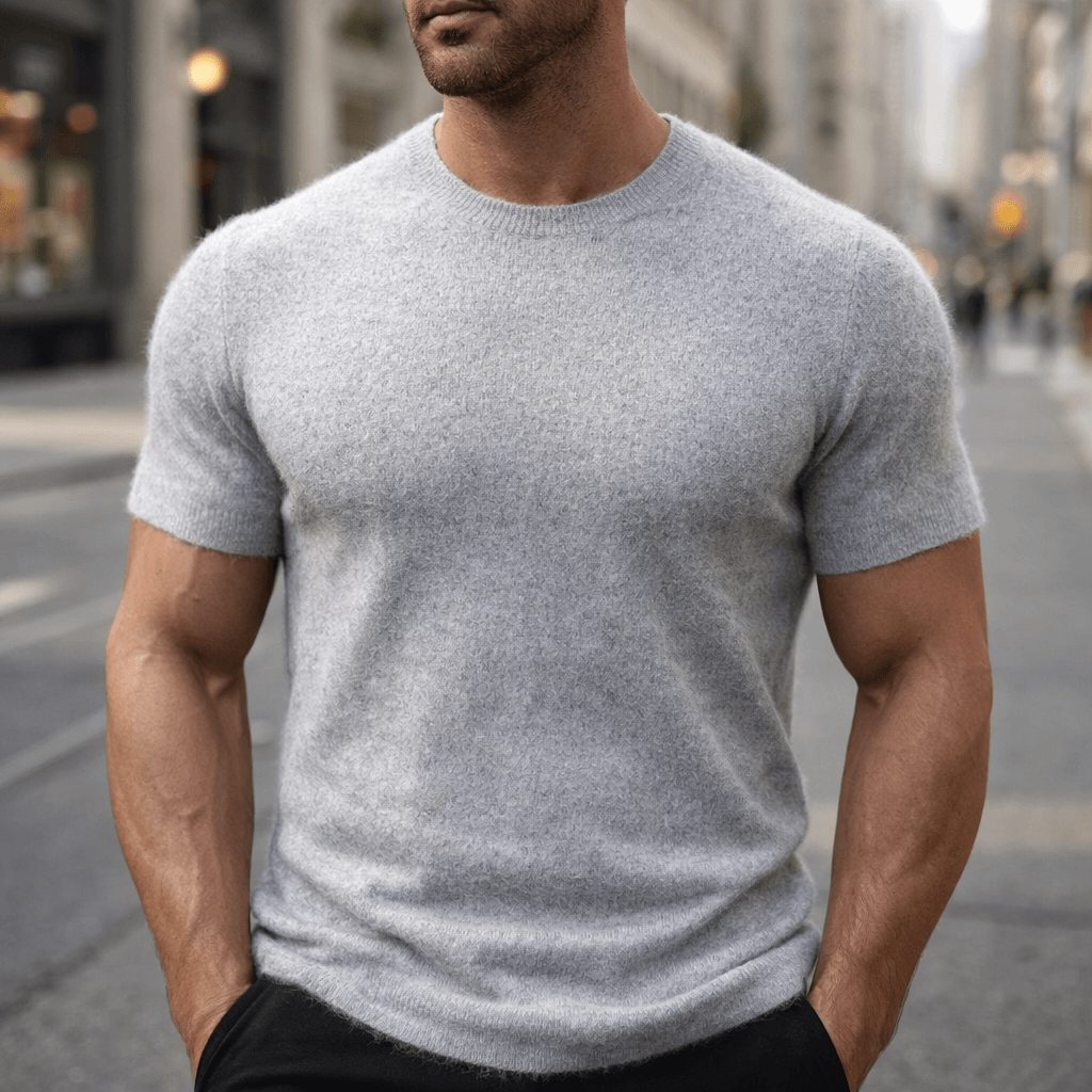 Short Sleeve Crew Neck Knit Cashmere Sweater for Men - Gray
