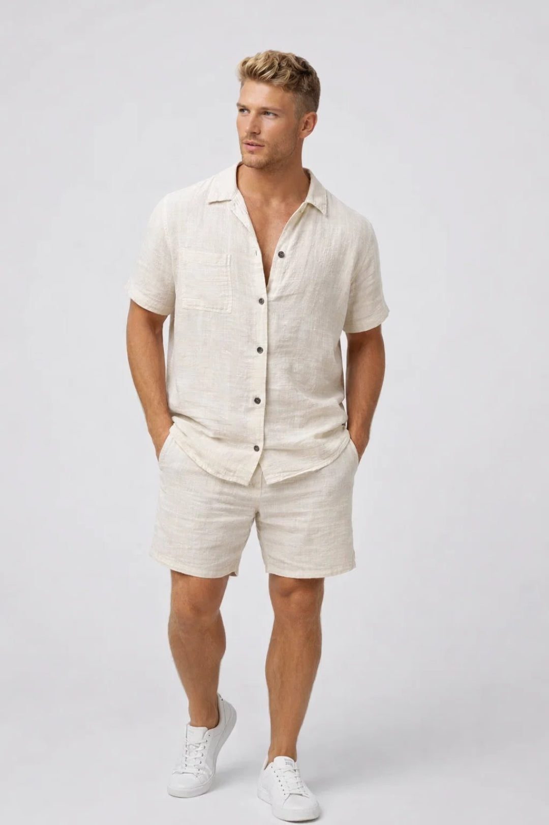Short Sleeve Linen Button-Down Set for Men