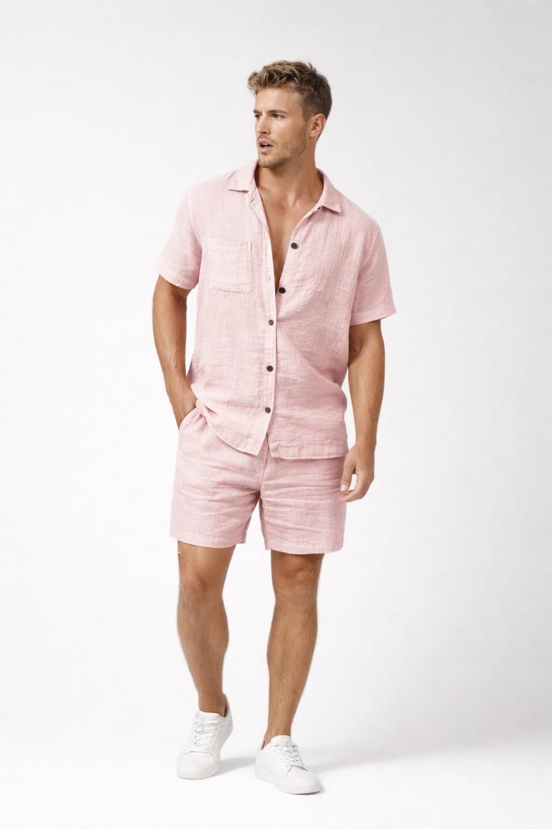 Short Sleeve Linen Button-Down Set for Men - Light Pink
