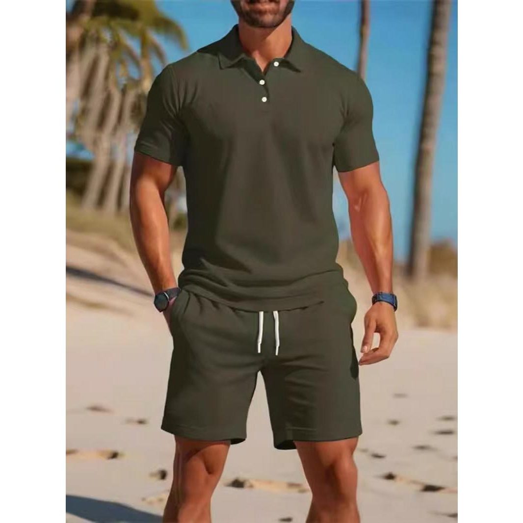Short Sleeve Polo Drawstring Shorts Set for Men - Army Green