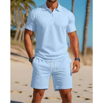Short Sleeve Polo Drawstring Shorts Set for Men - Light Blue