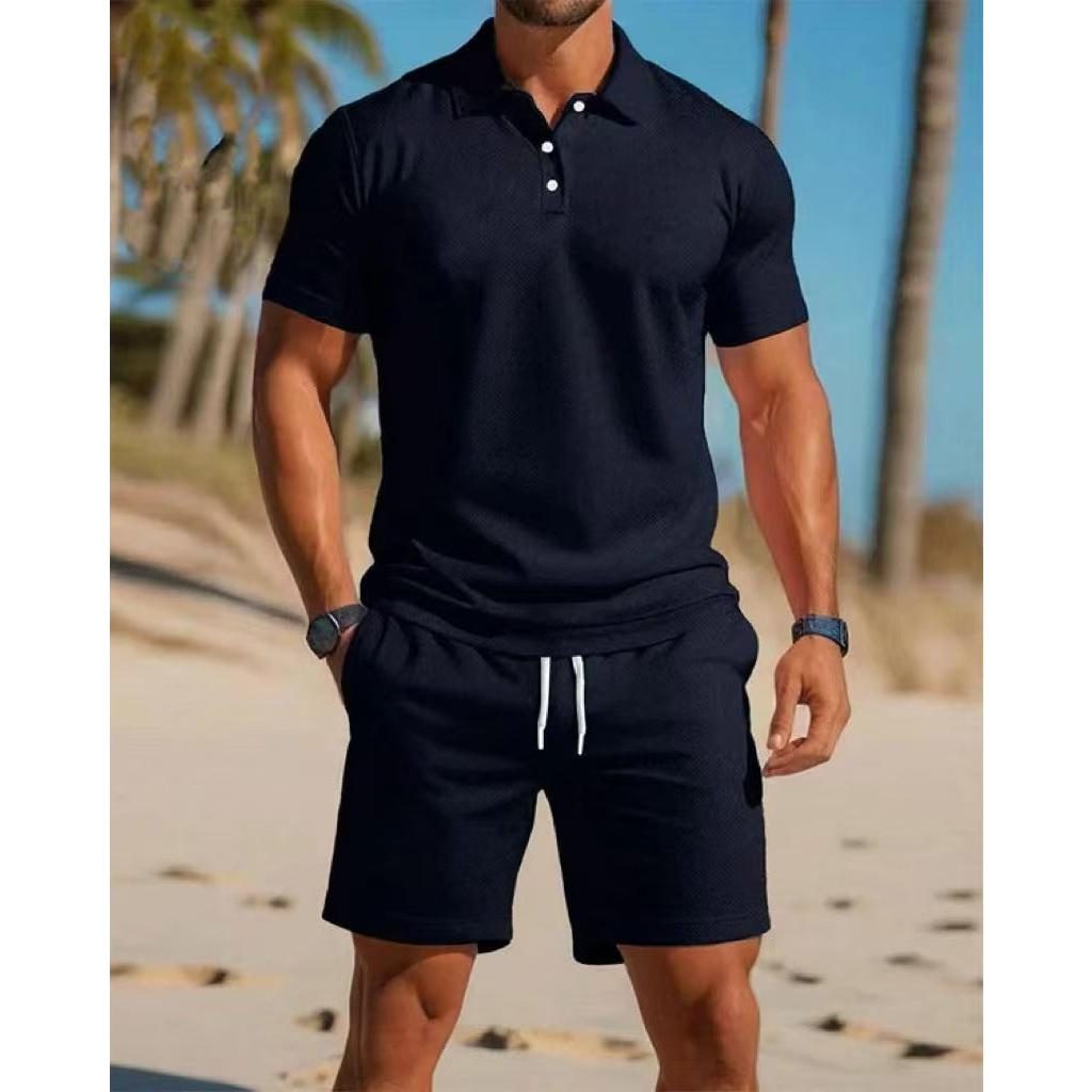 Short Sleeve Polo Drawstring Shorts Set for Men - Navy Blue